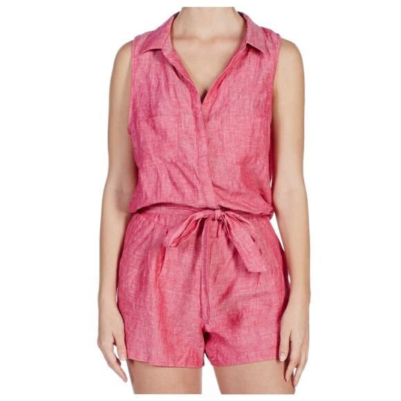 Joie Belted Linen Romper Toinette Pink Cutout Back Pockets Chambray Shorts S - Picture 1 of 15
